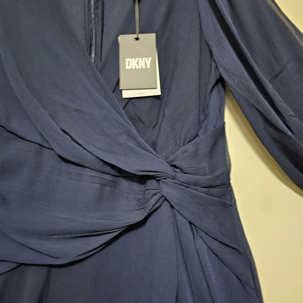 DKNY Women Dress Size 8 Fits Medium Faux Wrap V-Neck Long Sleeves Blue New - Picture 2 of 10